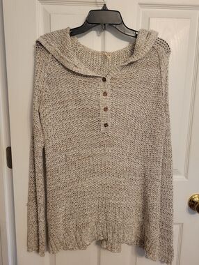 Free People Beige Taupe Marled Hooded Button-Front Sweater